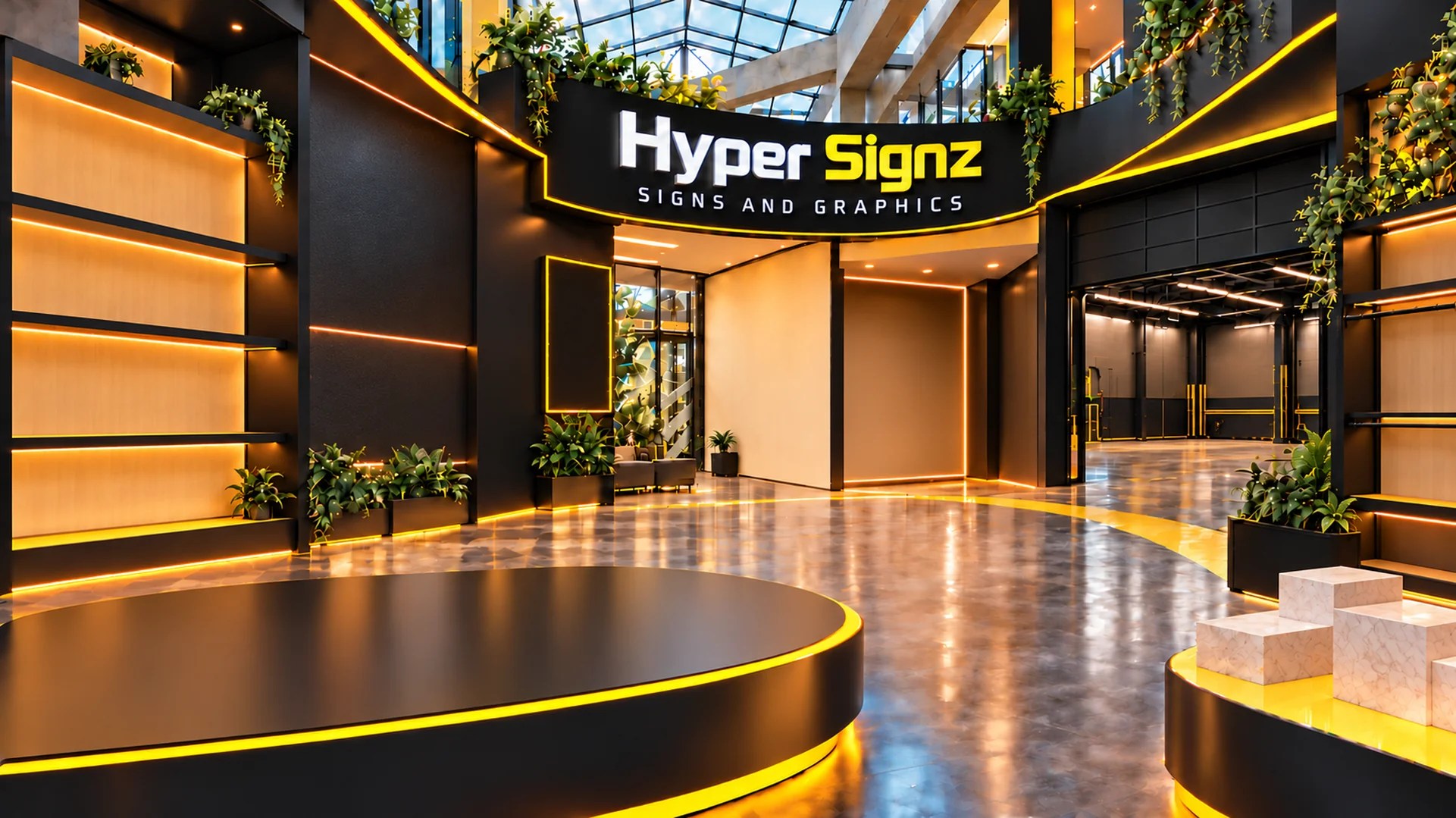 Hyper Signz showroom with eleven product and service displays